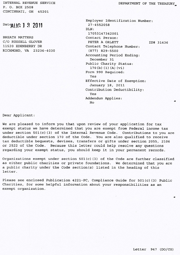 IRS letter 501 C 3